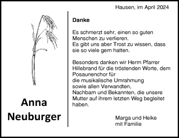 Traueranzeige von Anna Neuburger von Heidenheimer Zeitung