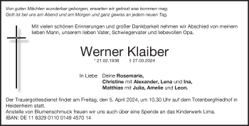 Traueranzeige von Werner Klaiber von Heidenheimer Zeitung