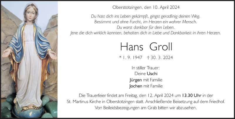  Traueranzeige für Hans Groll vom 10.04.2024 aus Heidenheimer Zeitung