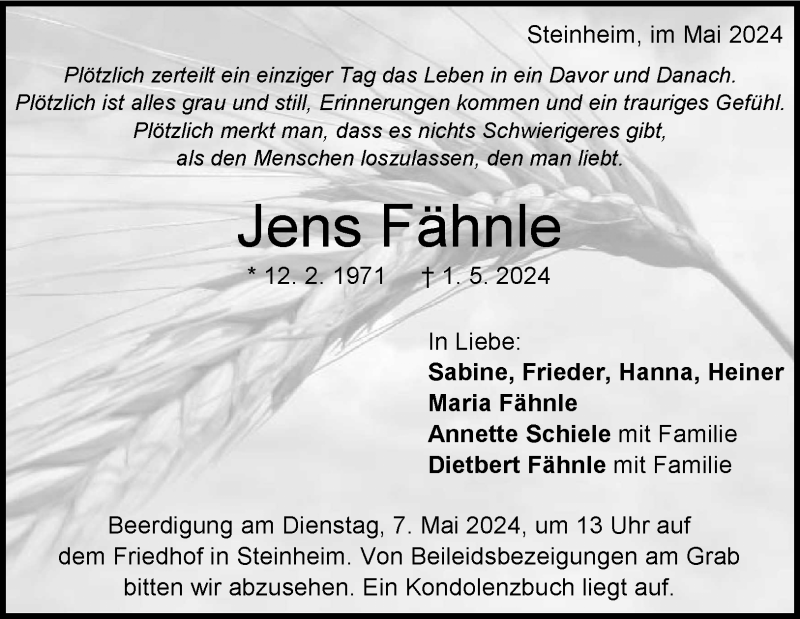  Traueranzeige für Jens Fähnle vom 04.05.2024 aus Heidenheimer Zeitung