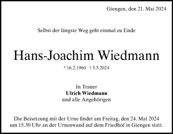Traueranzeige von Hans-Joachim Wiedmann von Heidenheimer Zeitung