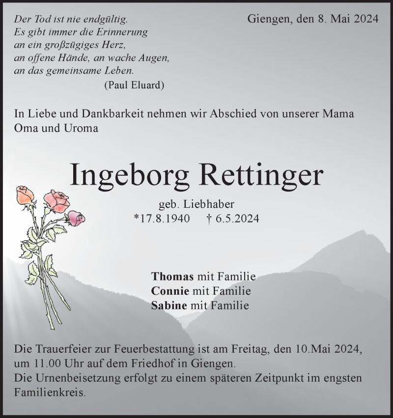  Traueranzeige für Ingeborg Rettinger vom 08.05.2024 aus Heidenheimer Zeitung
