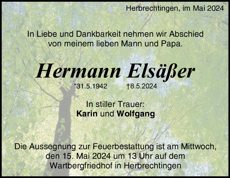  Traueranzeige für Hermann Elsäßer vom 14.05.2024 aus Heidenheimer Zeitung