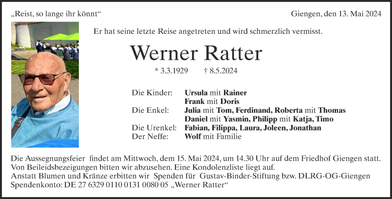  Traueranzeige für Werner Ratter vom 13.05.2024 aus Heidenheimer Zeitung