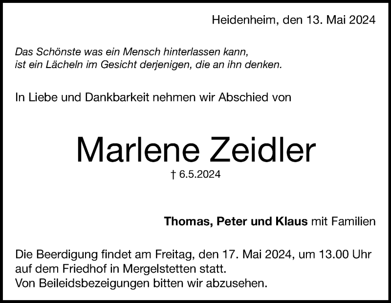  Traueranzeige für Marlene Zeidler vom 13.05.2024 aus Heidenheimer Zeitung