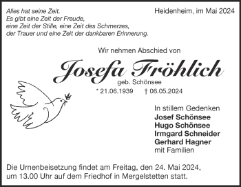 Traueranzeige von Josefa Fröhlich von Heidenheimer Zeitung