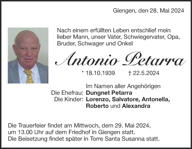  Traueranzeige für Antonio Petarra vom 28.05.2024 aus Heidenheimer Zeitung