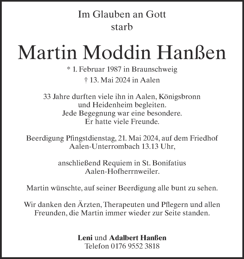  Traueranzeige für Martin Hanßen vom 17.05.2024 aus Heidenheimer Zeitung