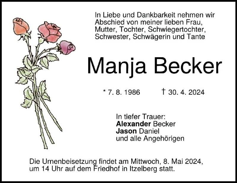  Traueranzeige für Manja Becker vom 04.05.2024 aus Heidenheimer Zeitung