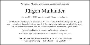 Traueranzeige von Jürgen Mailänder von Heidenheimer Zeitung