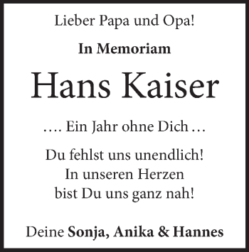 Traueranzeige von Hans Kaiser von Heidenheimer Zeitung