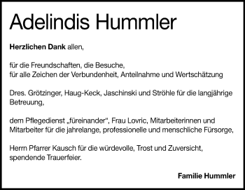 Traueranzeige von Adelindis Hummler von Heidenheimer Zeitung