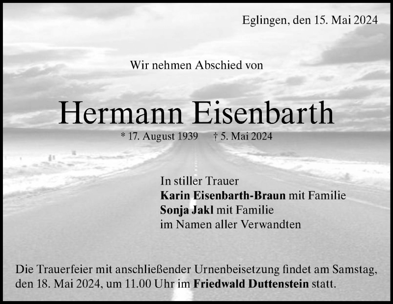  Traueranzeige für Hermann Eisenbarth vom 15.05.2024 aus Heidenheimer Zeitung