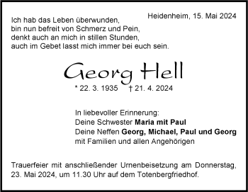 Traueranzeige von Georg Hell von Heidenheimer Zeitung
