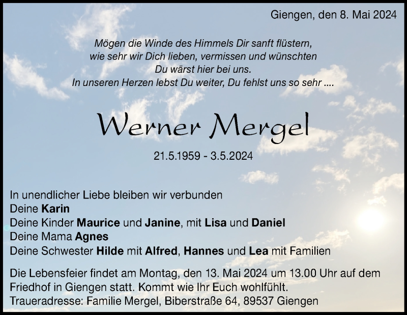  Traueranzeige für Werner Mergel vom 08.05.2024 aus Heidenheimer Zeitung
