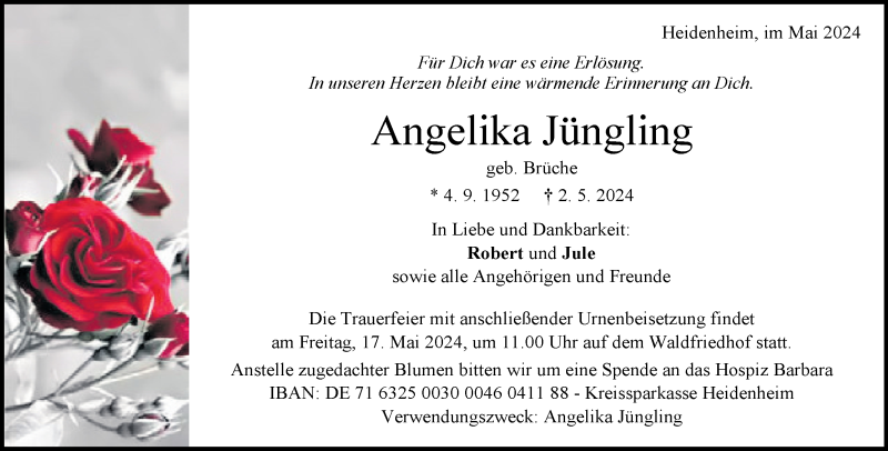  Traueranzeige für Angelika Jüngling vom 11.05.2024 aus Heidenheimer Zeitung