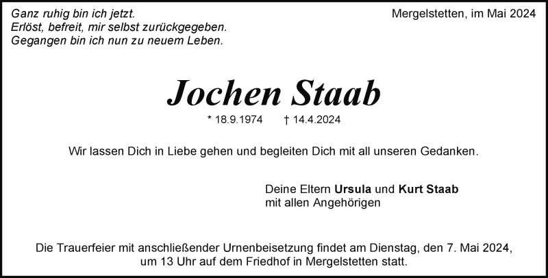  Traueranzeige für Jochen Staab vom 04.05.2024 aus Heidenheimer Zeitung