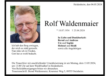 Traueranzeige von Rolf  Waldenmaier von Heidenheimer Zeitung