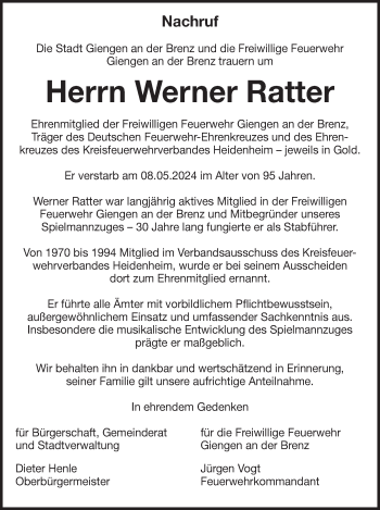 Traueranzeige von Werner Ratter von Heidenheimer Zeitung