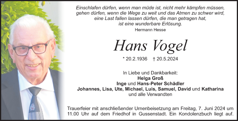  Traueranzeige für Hans Vogel vom 04.06.2024 aus Heidenheimer Zeitung