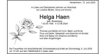 Traueranzeige von Helga Haen von Heidenheimer Zeitung