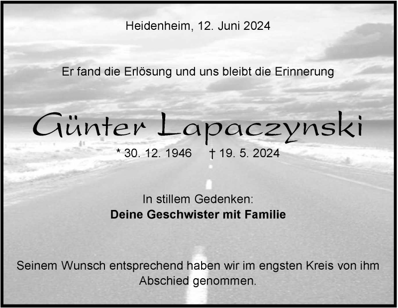  Traueranzeige für Günter Lapaczynski vom 12.06.2024 aus Heidenheimer Zeitung