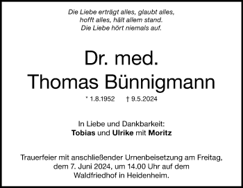 Traueranzeige von Thomas Bünnigmann von Heidenheimer Zeitung