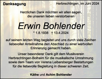 Traueranzeige von Erwin Bohlender von Heidenheimer Zeitung