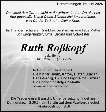 Traueranzeige von Ruth Roßkopf von Heidenheimer Zeitung