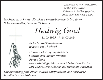 Traueranzeige von Hedwig Goal von Heidenheimer Zeitung