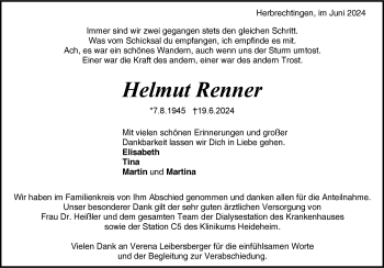 Traueranzeige von Helmut Renner von Heidenheimer Zeitung