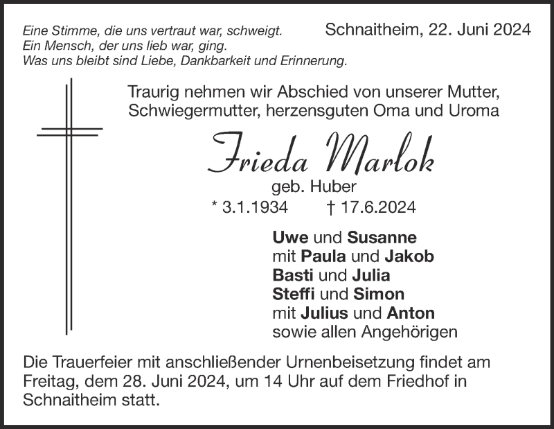  Traueranzeige für Frieda Marlok vom 22.06.2024 aus Heidenheimer Zeitung