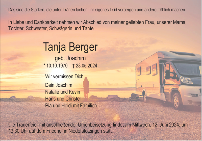  Traueranzeige für Tanja Berger vom 08.06.2024 aus Heidenheimer Zeitung