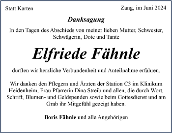 Traueranzeige von Elfriede Fähnle von Heidenheimer Zeitung