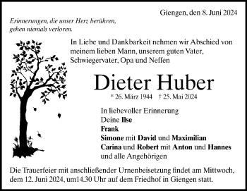 Traueranzeige von Dieter Huber von Heidenheimer Zeitung