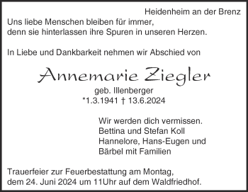 Traueranzeige von Annemarie Ziegler von Heidenheimer Zeitung