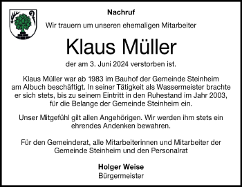 Traueranzeige von Klaus Müller von Heidenheimer Zeitung