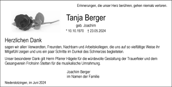 Traueranzeige von Tanja Berger von Heidenheimer Zeitung
