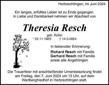 Traueranzeige von Theresia Resch von Heidenheimer Zeitung