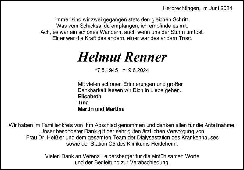  Traueranzeige für Helmut Renner vom 29.06.2024 aus Heidenheimer Zeitung