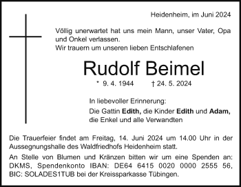 Traueranzeige von Rudolf Beimel von Heidenheimer Zeitung