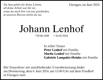 Traueranzeige von Johann Lenhof von Heidenheimer Zeitung