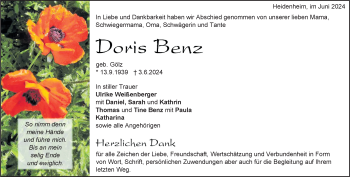 Traueranzeige von Doris Benz von Heidenheimer Zeitung