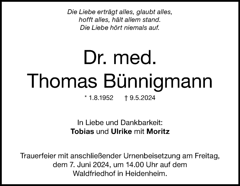  Traueranzeige für Thomas Bünnigmann vom 03.06.2024 aus Heidenheimer Zeitung