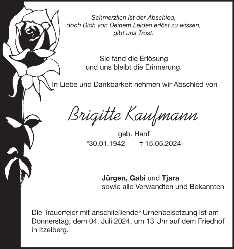  Traueranzeige für Brigitte Kaufmann vom 22.06.2024 aus Heidenheimer Zeitung