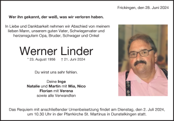 Traueranzeige von Werner Linder von Heidenheimer Zeitung