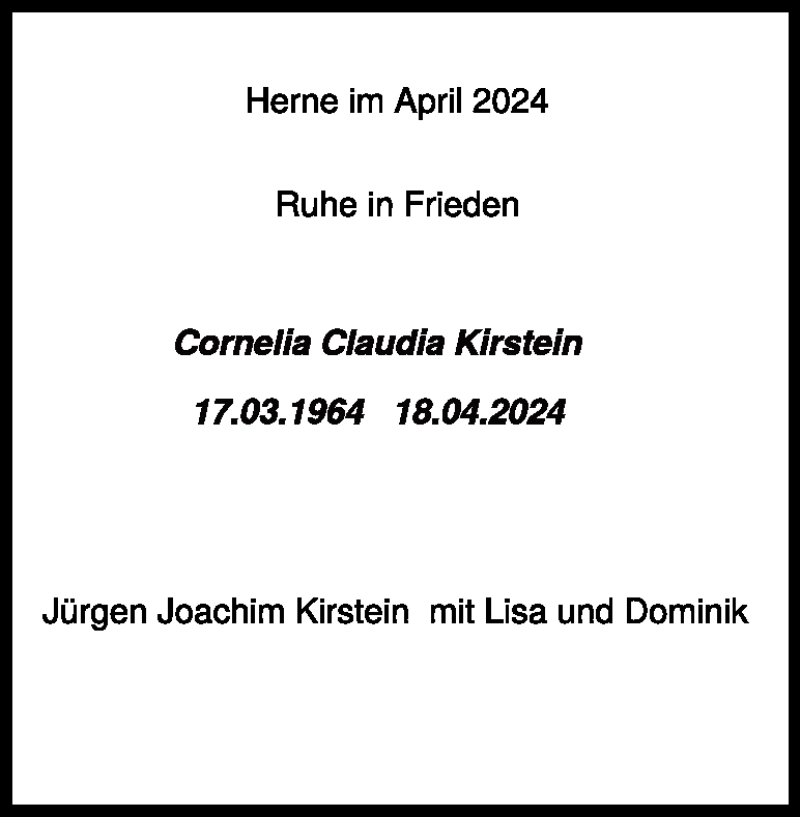  Traueranzeige für Cornelia Claudia Kirstein vom 16.07.2024 aus Heidenheimer Zeitung