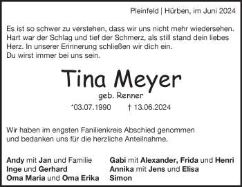 Traueranzeige von Tina Meyer von Heidenheimer Zeitung