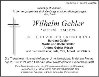 Traueranzeige von Wilhelm Gebler von Heidenheimer Zeitung