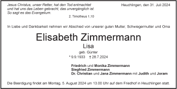 Traueranzeige von Elisabeth Zimmermann von Heidenheimer Zeitung